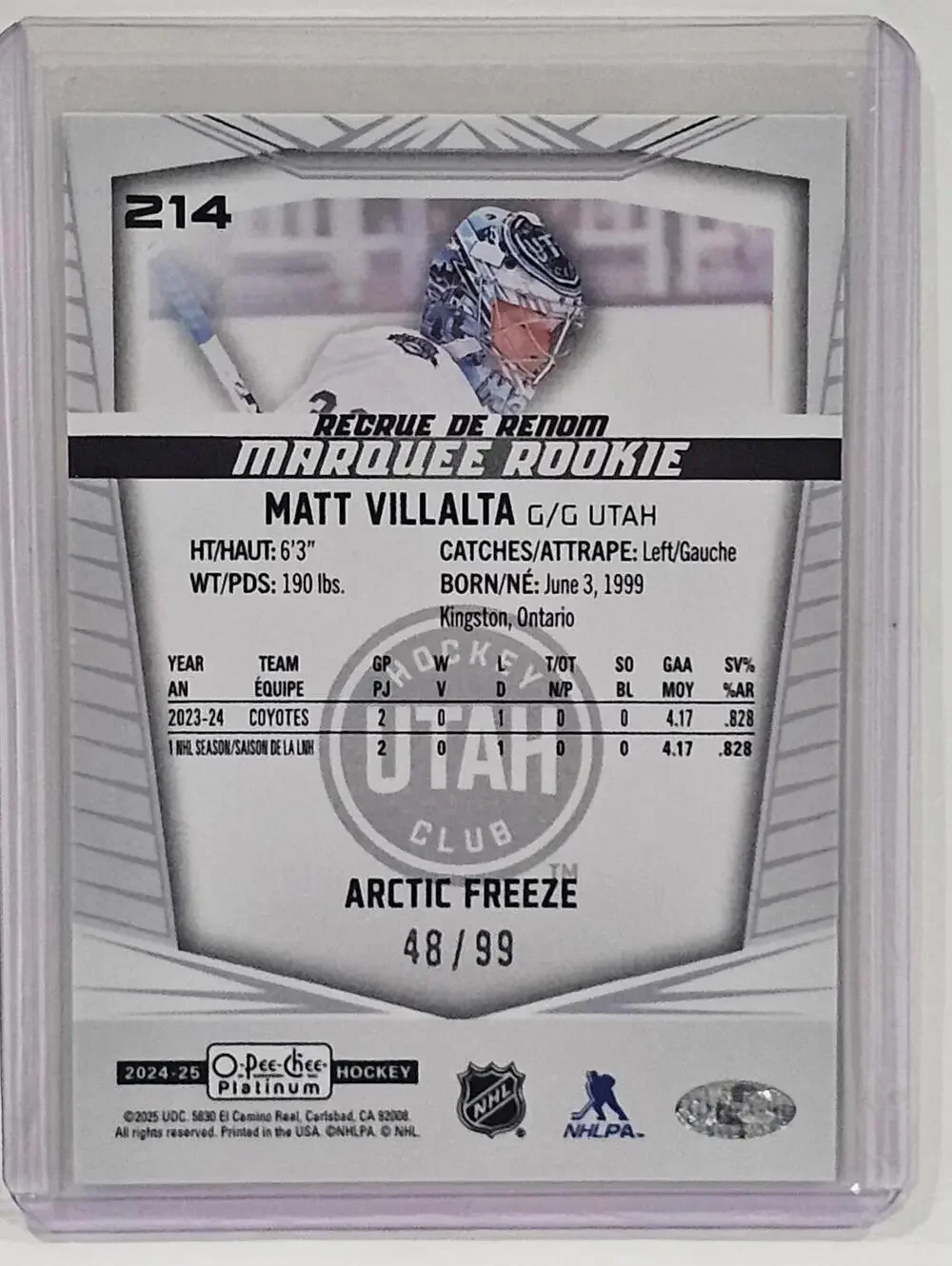 2024-25 O-Pee-Chee Platinum Marquee Rookie Matt Villalta #214 - Limited 48/99